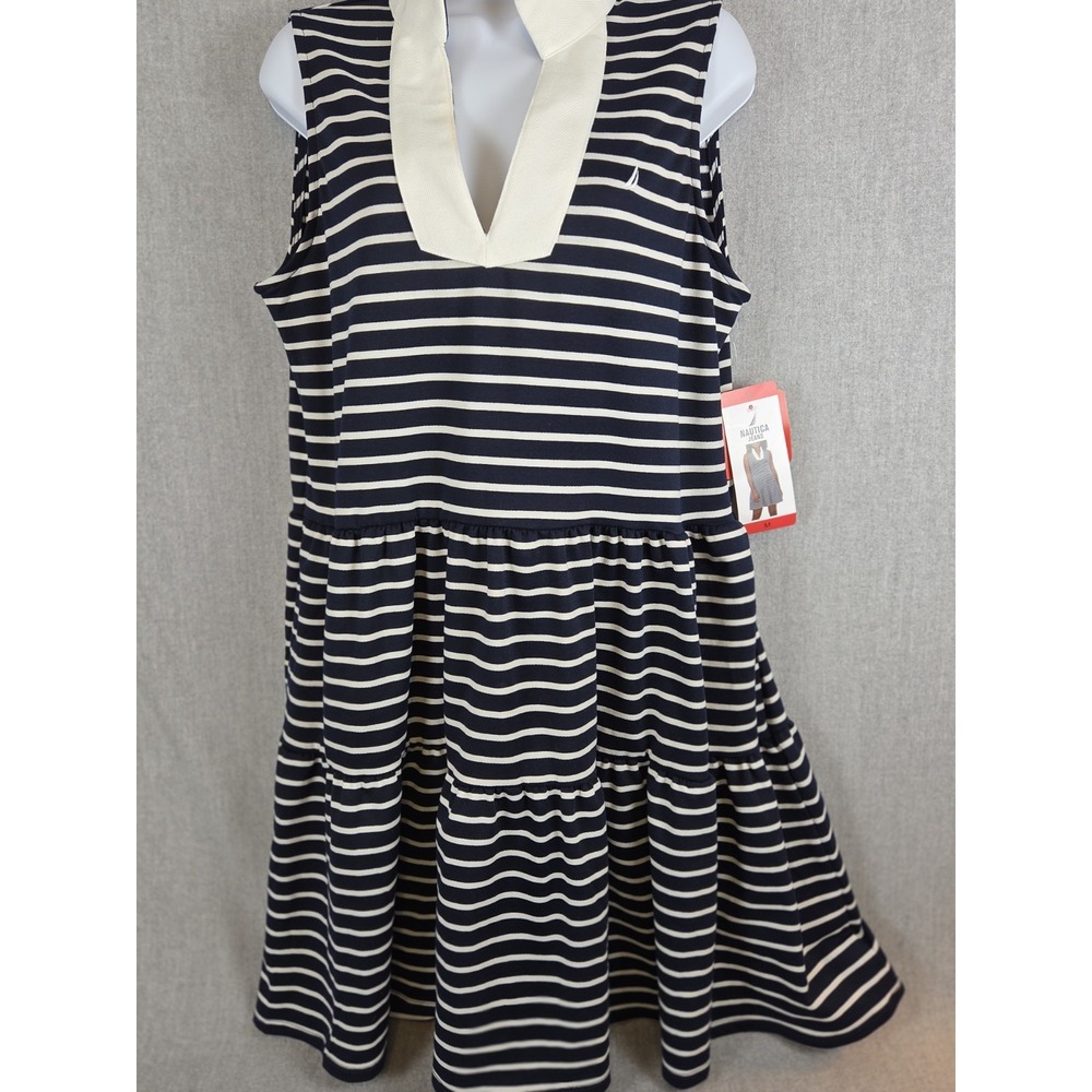 Nautica Jeans‎ Women's M Stand Collar Sleeveless Tiered Dress Navy Babydoll NEW